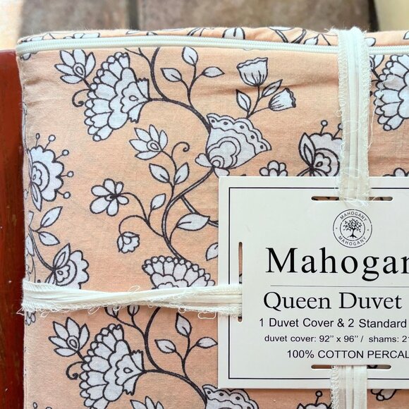 3-pc Mahogany Queen Size Cotton Percale Floral Duvet Set Crisp Cotton Percale - Picture 3 of 4